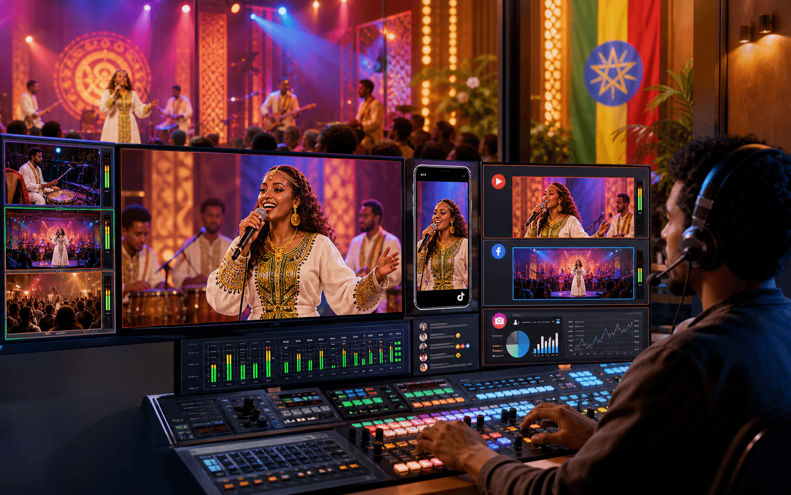 An Ethiopian creative team managing live and social media distribution