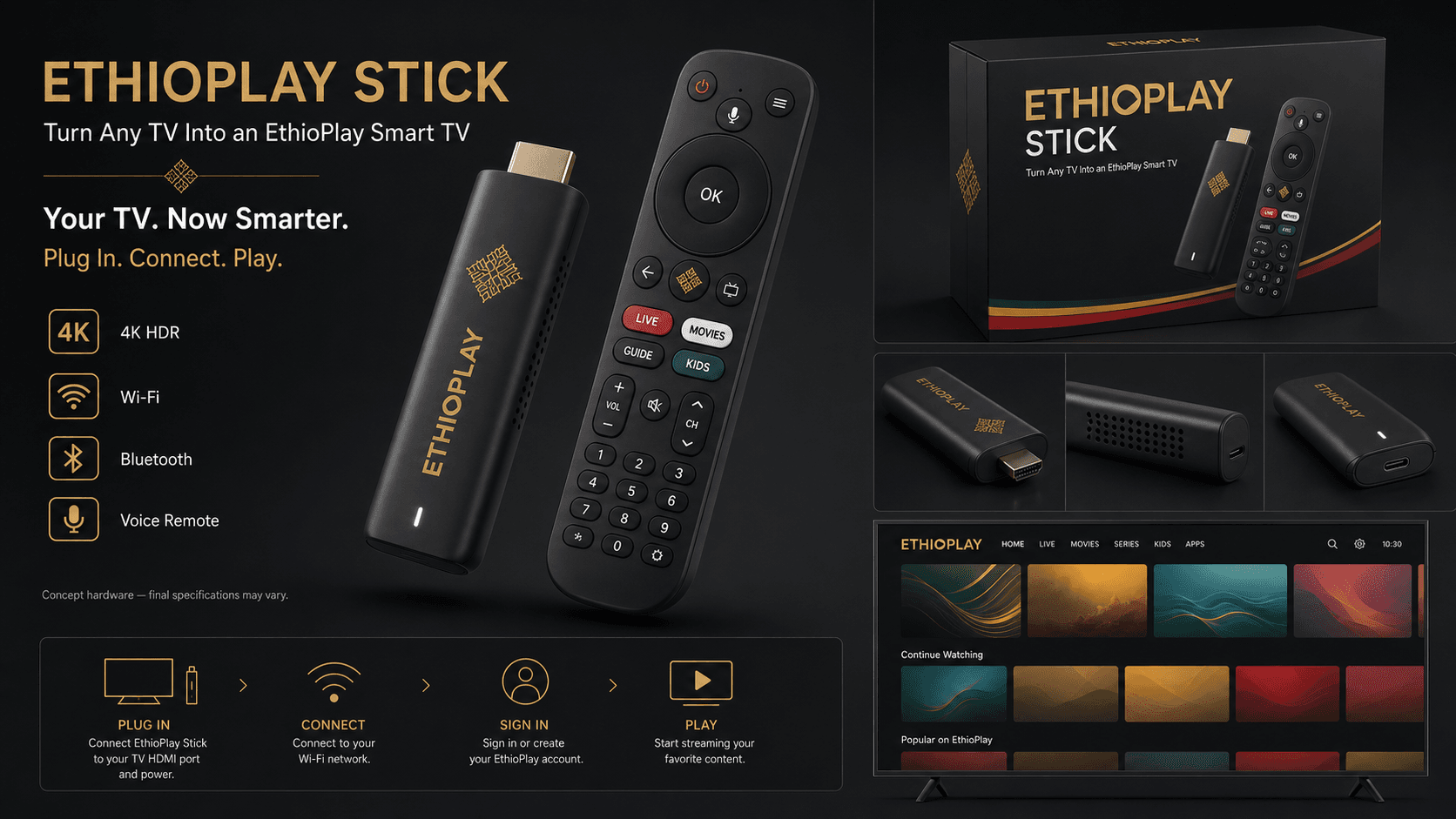 EthioPlay Stick, voice remote, packaging and television interface